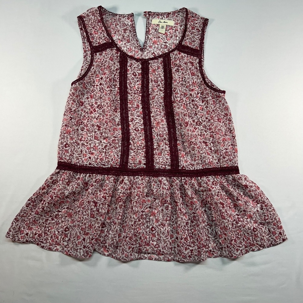 Ella‎ Moon Womens Burgundy Floral Crochet Trim Peplum Sleeveless Top Size M